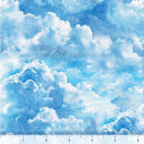 Wide quilt back fabric with blue sky and clouds, ruler at the bottom for scale