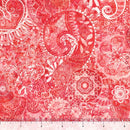 Rose colored wide quilt backing fabric with a bohemian abstract design with a ruler at the bottom to show scale.