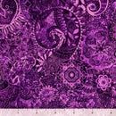 Purple wide quilt backing fabric with a bohemian abstract design with a ruler at the bottom to show scale.