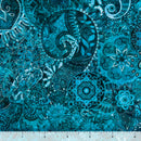 Teal wide quilt backing fabric with a bohemian abstract design with a ruler at the bottom to show scale.