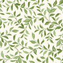 Wide quilt backing fabric with a pattern of green vines with leaves on a cream background.