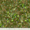 Wide quilt backing fabric with a pattern of tone on tone green brush strokes on a green background with a ruler at the bottom to show scale.