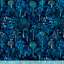 Wide quilt backing fabric with a pattern of blue trees and foliage on a dark blue background with a ruler at the bottom for scale.