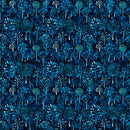 Wide quilt backing fabric with a pattern of blue trees and foliage on a dark blue background.