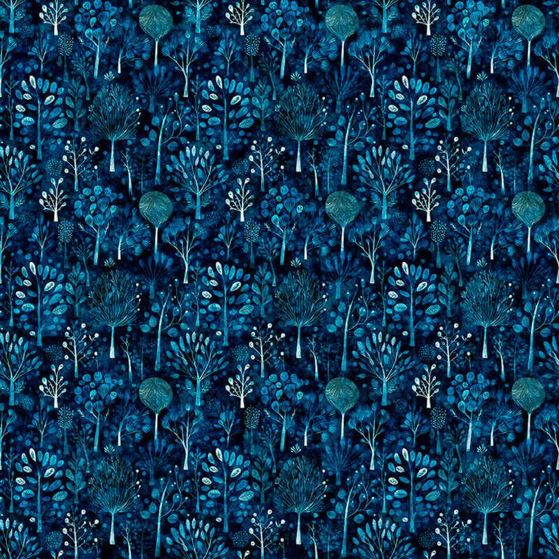 Wide quilt backing fabric with a pattern of blue trees and foliage on a dark blue background.