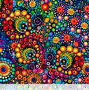 Wide quilt backing fabric with a bright, colorful pattern of concentric circles and swirls on a dark background with a ruler at the bottom for scale.