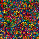 Wide quilt backing fabric with a bright, colorful pattern of concentric circles and swirls on a dark background.