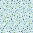 Wide quilt backing fabric with a polka dot and half circle print in white, blues and green on an aqua background.