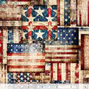 Wide quilt backing fabric with a pattern of vintage looking American flags with a ruler at the bottom to show scale.