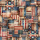 Wide quilt backing fabric with a pattern of vintage looking American flags.