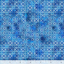 Wide quilt backing fabric with a geometric foulard print in tone on tone blues with a ruler at the bottom for scale.