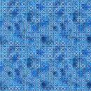 Wide quilt backing fabric with a geometric foulard print in tone on tone blues.