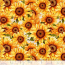 Wide quilt backing fabric with a packed sunflower print on a white background with a ruler at the bottom for scale.