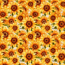 Wide quilt backing fabric with a packed sunflower print on a white background.