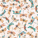 Wide quilt backing fabric with a pattern of colorful dragonflies on a beige background.