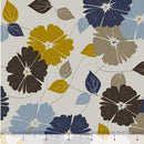 Wide quilt backing fabric with a pattern of flowers and leaves in brown, gold, medium blue and navy blue on a light gray background with a ruler to show scale.