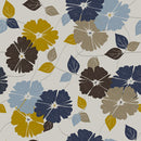 Wide quilt backing fabric with a pattern of flowers and leaves in brown, gold, medium blue and navy blue on a light gray background.