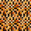Wide quilt backing fabric with a checkerboard-like pattern featuring a geometric design of triangles and squares in black, orange, yellow, and beige.