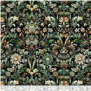 Wide quilt backing fabric with a detailed floral pattern with green leaves and flowers on a black background with a ruler at the bottom for scale.