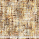 Wide quilt backing fabric in tone on tone tans, browns and grays with a wood texture look and a ruler at the bottom for scale.