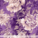 Large floral patterned wide quilt backing fabric with cream flowers and cream and tan leaves on a purple background, featuring a ruler at the bottom to show scale.