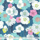Wide quilt backing fabric with a floral pattern in white, pink, and blue on a blue background with a ruler at the bottom for scale.