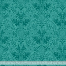 Wide quilt backing fabric in a teal floral damask pattern with a ruler at the bottom for scale.