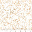 Wide quilt backing fabric with an allover geometric web-like pattern in warm tan and light brown on an off-white background, with a ruler along the bottom edge for scale.