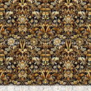 Wide quilt backing fabric with a detailed floral pattern with gold and brown tones on a black background with a ruler at the bottom for scale.