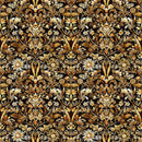 Wide quilt backing fabric with a detailed floral pattern with gold and brown tones on a black background.