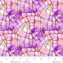 Wide quilt backing fabric with a colorful mosaic pattern in pinks, purples, oranges and peach colors with a ruler at the bottom to show scale.