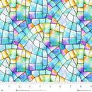 Wide quilt backing fabric with a colorful stained glass pattern in blues, greens, purples, oranges and yellows, with a ruler at the bottom to show scale.