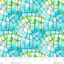 Wide quilt backing fabric with a colorful mosaic pattern in aquas and greens with a ruler at the bottom to show scale.