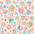 A wide quilt backing fabric with a multicolored circle medallion design on a cream background.