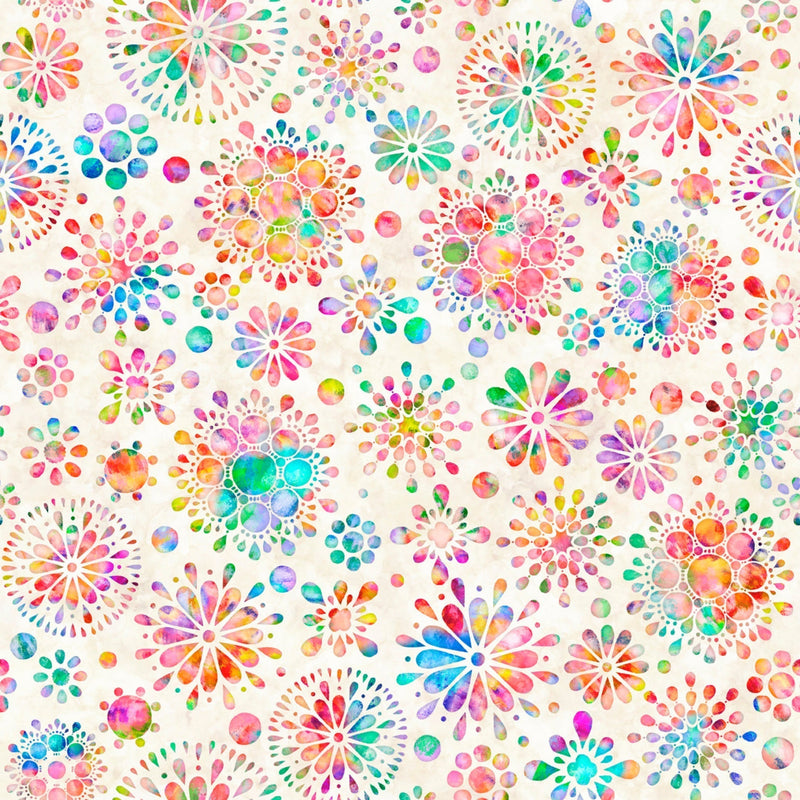 A wide quilt backing fabric with a multicolored circle medallion design on a cream background.