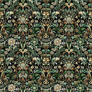 Wide quilt backing fabric with a detailed floral pattern with green leaves and flowers on a black background.