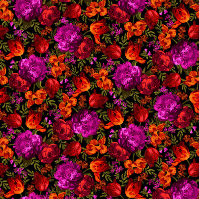 Sample Swatch of 108" Midnight Floral Wide Quilt Back Black/Hot