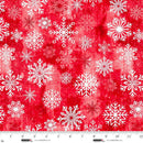 Red fabric with white snowflakes and a ruler at the bottom to show scale.
