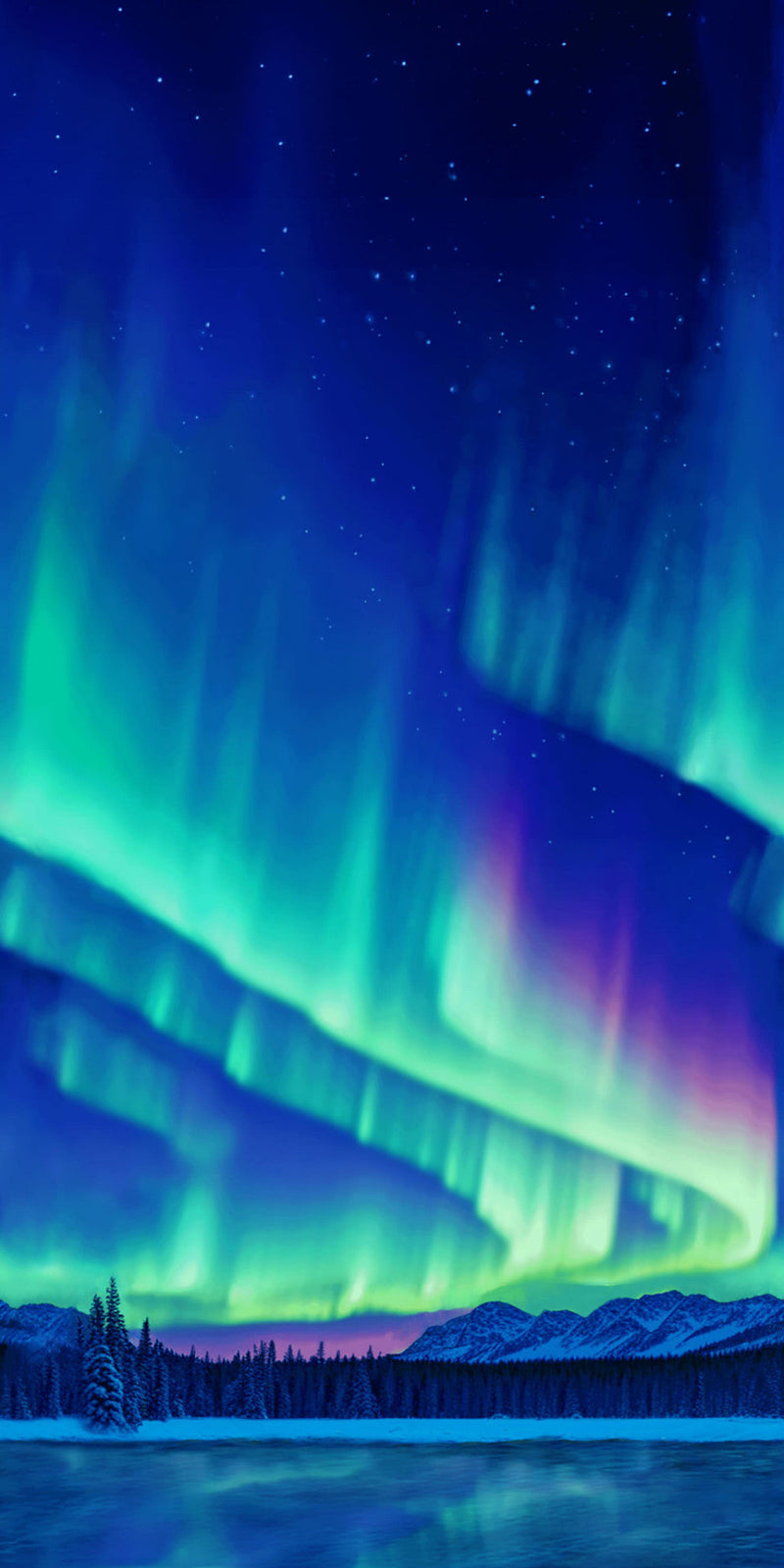 Wide quilt backing fabric with a selvage to selvage print of an aurora borealis over a lake and snowy landscape with mountains in the background