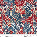 Wide quilt back fabric with a damask print in red, white, blue and beige colors.