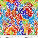 Wide quilt back fabric with a damask print in rainbow colors on a gray and white background.