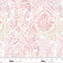 Wide quilt back fabric with a damask print in soft pink and beige colors on a white background.