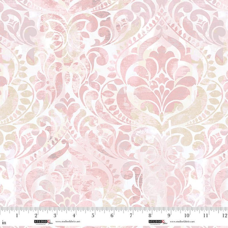 Wide quilt back fabric with a damask print in soft pink and beige colors on a white background.