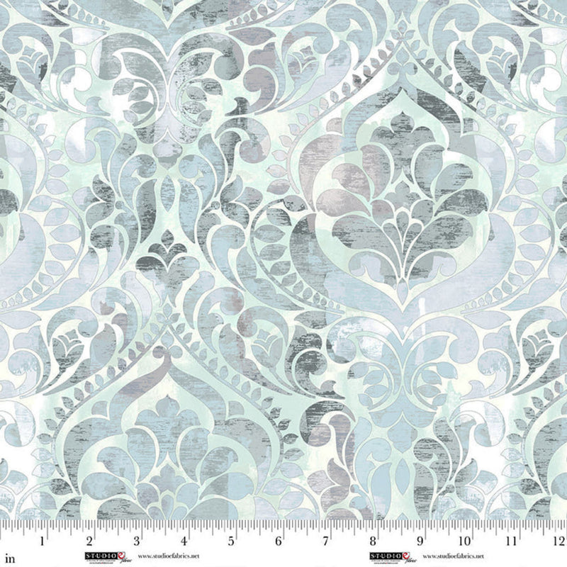 Wide quilt back fabric with a damask print in aqua, gray and white.