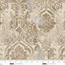 Wide quilt back fabric with a damask print in tan, gray, and taupe on a beige background.