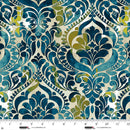 Wide quilt back fabric with a damask print in teals, chartreuse greens, beige and white.