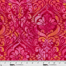 Wide quilt back fabric with a damask print in pink and orange on a magenta background.