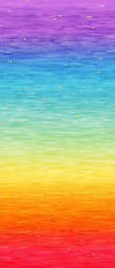 Rainbow ombre wide quilt backing fabric that looks like watercolor ripples fading from purple on top tored on the bottom with small yellow accents scattered across the fabric.