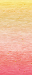 Ombre wide quilt backing fabric that looks like ripples fading from yellow on top toto peach to peachy pink to salmon on the bottom with small yellow accents scattered across the fabric.