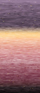 Ombre wide quilt backing fabric that looks like ripples fading from purple on top to peach to rose to mauve and then to dark purple on the bottom with small yellow accents scattered across the fabric.